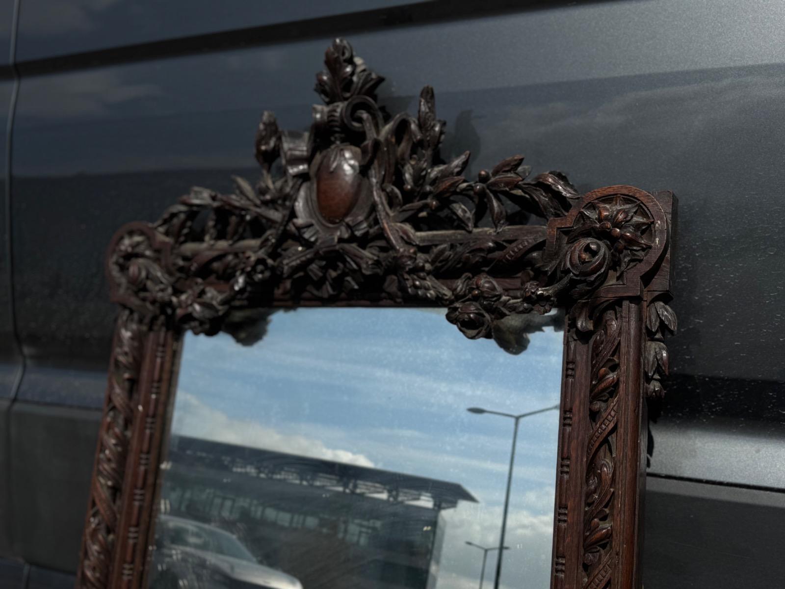 Antique fine carved oak mirror 