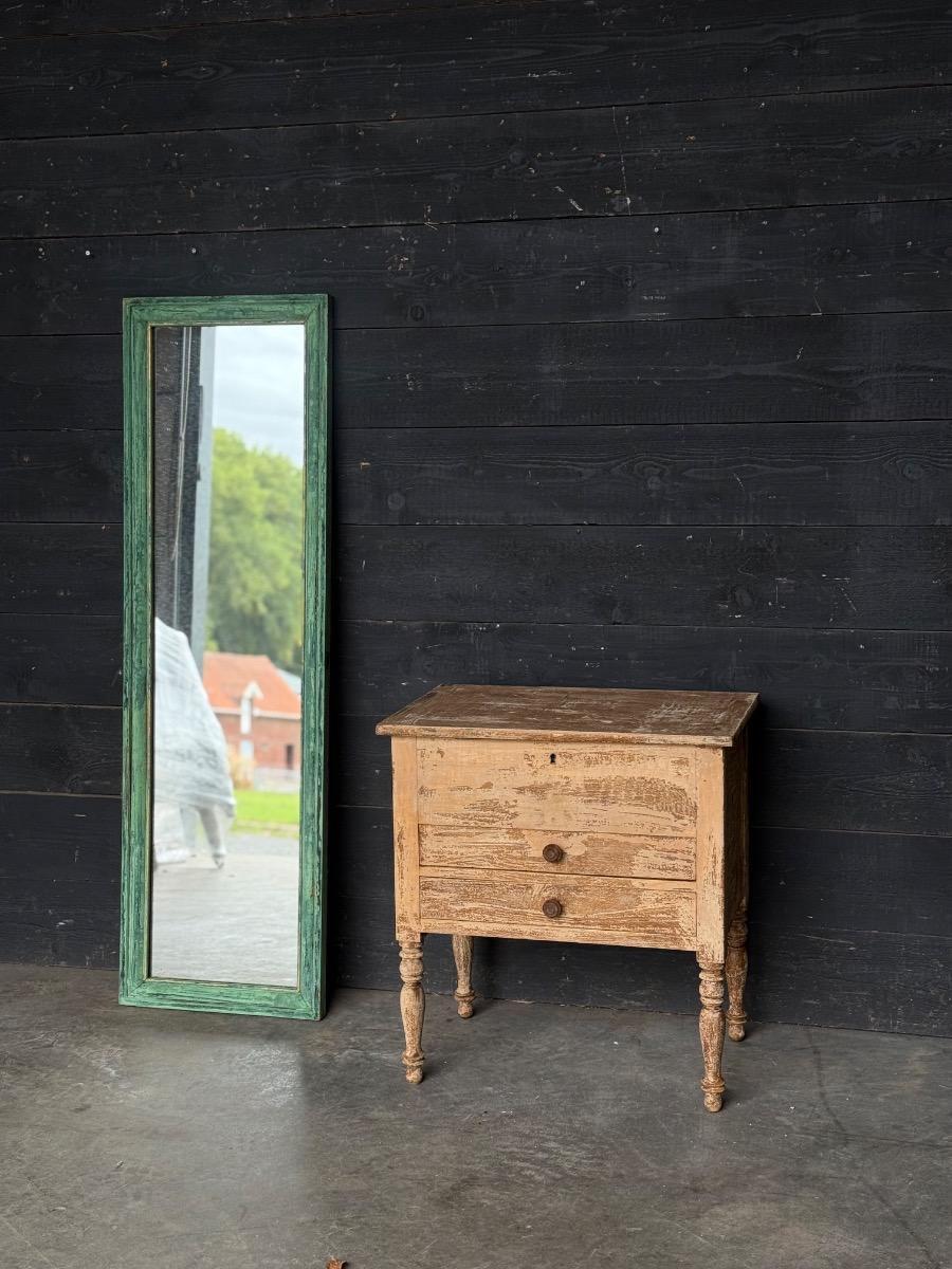 Antique original painted cabinet and green painted mirror 