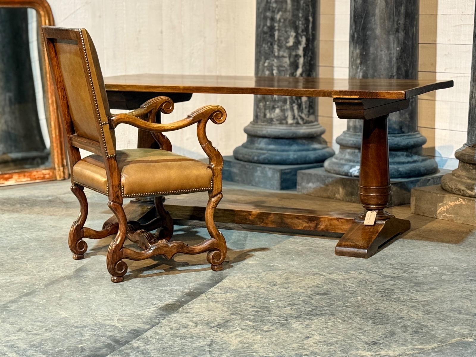 French walnut table desk with leather and leather armchair 