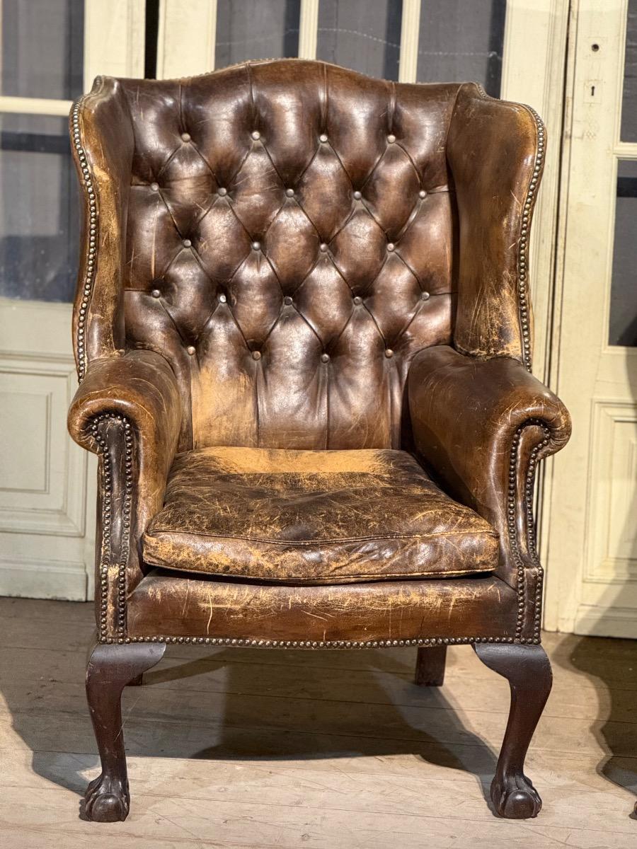Pair of english leather library armchairs 