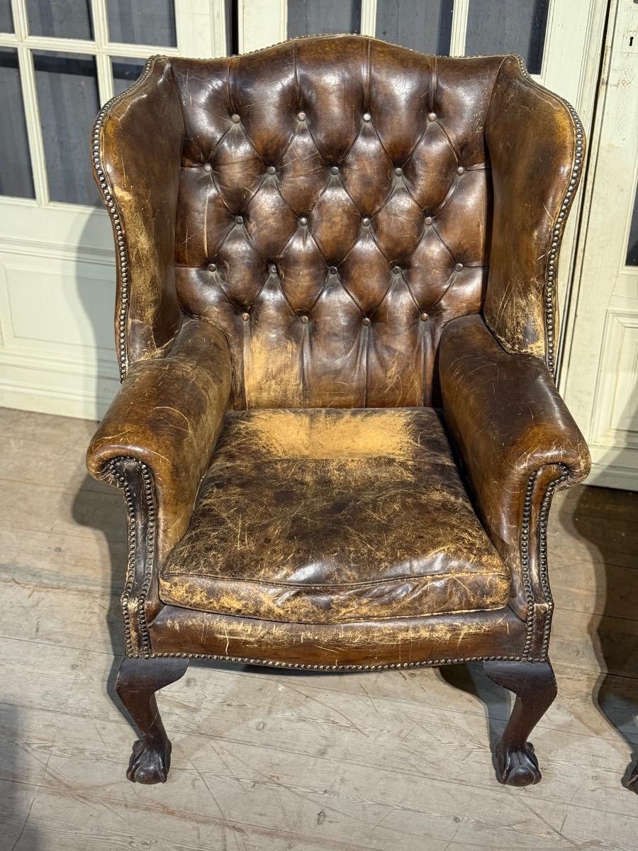 Pair of english leather library armchairs 
