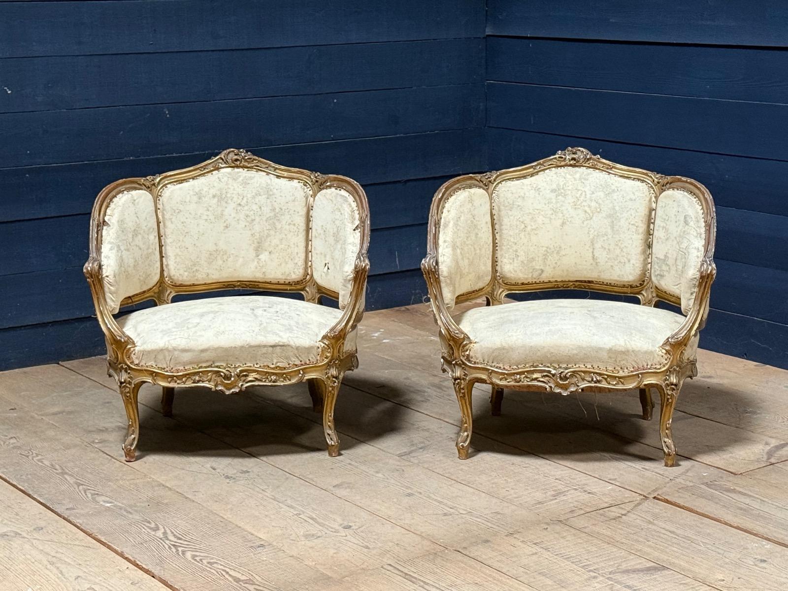 Pair of gilt wood french Louis XV corbeille armchairs 